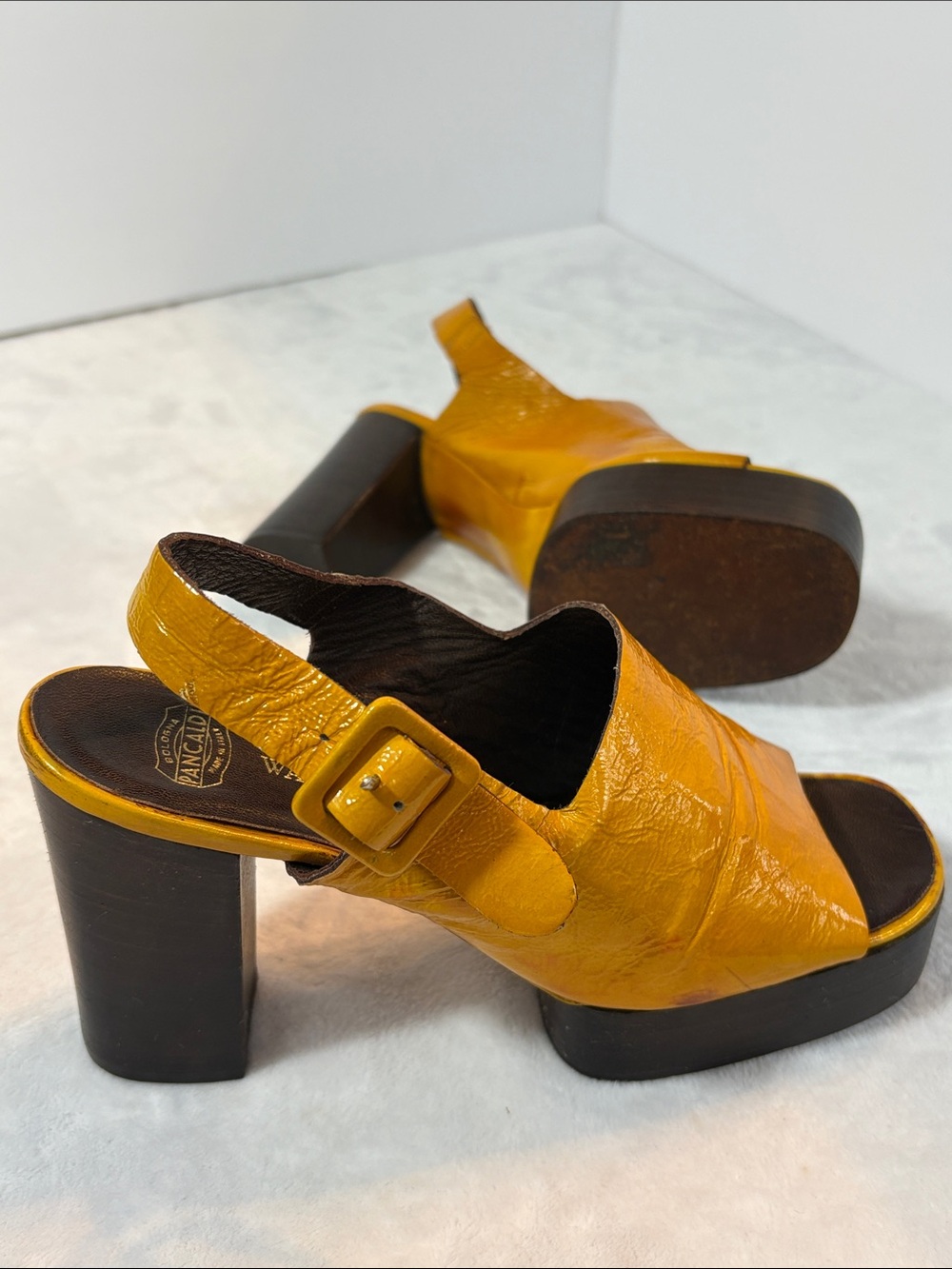 Walter Steiger PANCALDI Vintage Mustard Yellow Leather Platform Slingback Heels